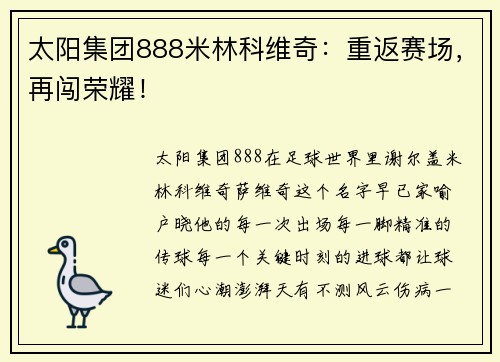 太阳集团888米林科维奇：重返赛场，再闯荣耀！