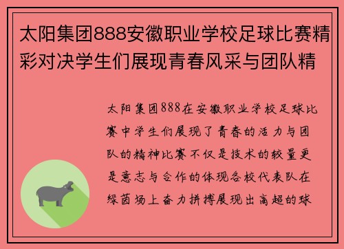太阳集团888安徽职业学校足球比赛精彩对决学生们展现青春风采与团队精神